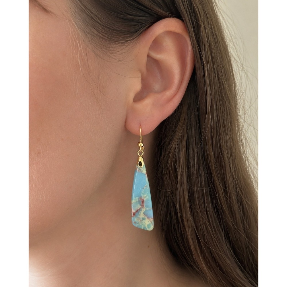 Blue Stone Look Triangle Dangle Earrings Gold Tone Hook Boho Marble Jasper Style